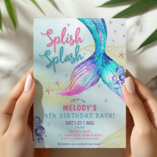 Mermaid Tail Glitter 4th Birthday Invitation Einladung