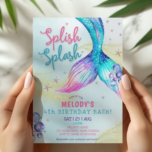 Mermaid Tail Glitter 4th Birthday Invitation Einladung