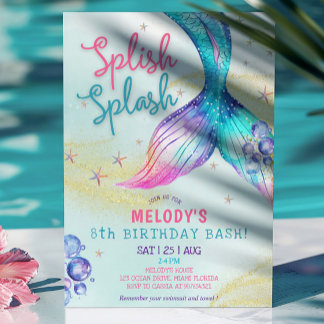 Mermaid Tail Glitter 8th Birthday Invitation Einladung