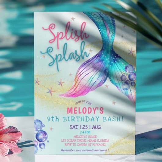 Mermaid Tail Glitter 9th Birthday Invitation Einladung