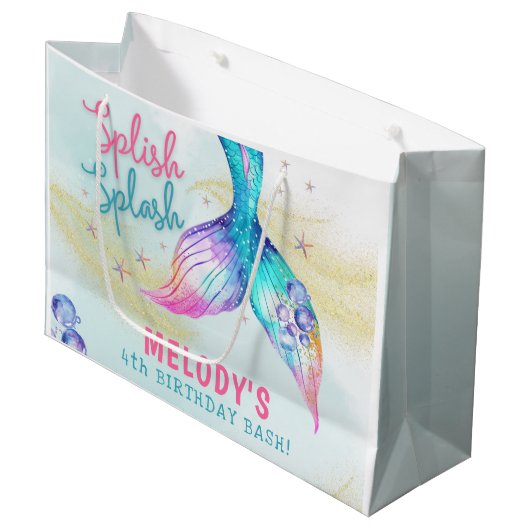 Mermaid Tail Glitter Splish Splash birthday Große Geschenktüte (Vorderseite Schrägansicht)