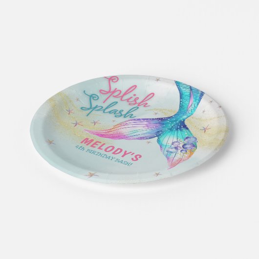 Mermaid Tail Glitter Splish Splash birthday Pappteller (Schrägansicht)