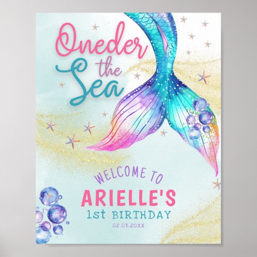Mermaid Tail Onder the sea 1st birthday Welcome Poster (Vorne)