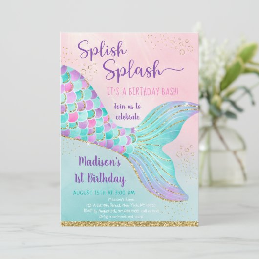 Mermaid Tail Under The Sea Pink Gold Birthday Einladung (Stehend Vorderseite)