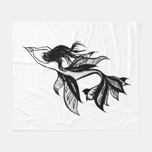 Mermaid Tattoo Style Stipple Schattierter Tinte Ge Fleecedecke (Vorderseite (Horizontal))