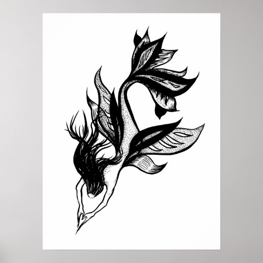Mermaid Tattoo Style Stipple Schattige Tinte Zeich Poster (Vorne)