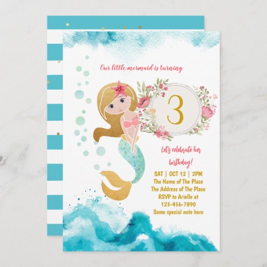 Mermaid Thema unter dem Sea Baby Girl 3. Geburtsta Einladung (Vorne/Hinten)