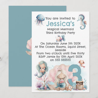 Mermaid Themed 3rd  Birthday Invitation Einladung
