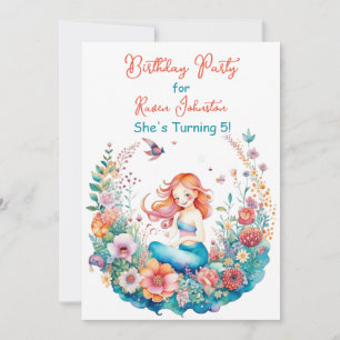 Mermaid Themed Floral Girl's Geburtstagsparty Einladung