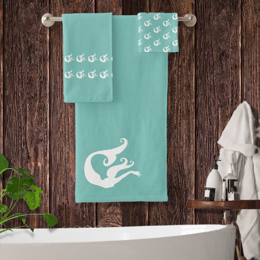 Mermaid Tidal Aquamarin Blue und White Badhandtuch Set