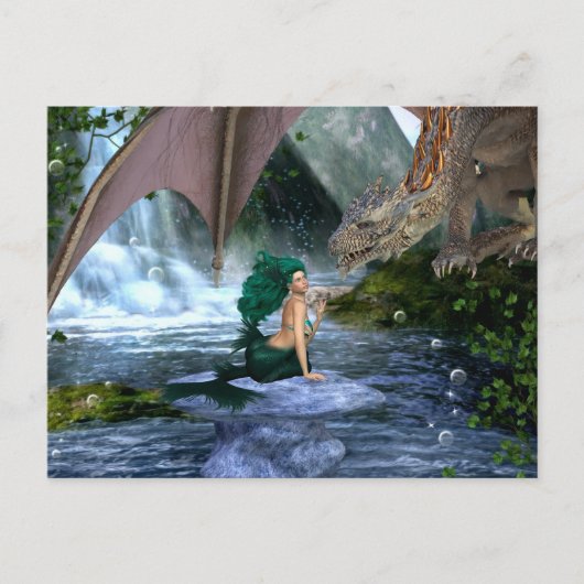 Mermaid trifft Dragon Fantasy Wasserfall Postkarte (Vorderseite)