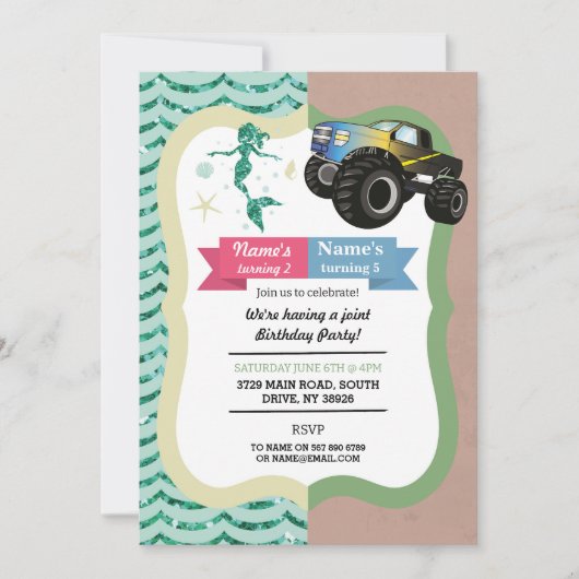 Mermaid & Trucks Joint Boy Girl Birthday Invites Einladung (Vorderseite)