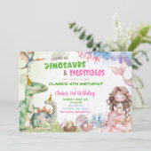 Mermaid und Dinosaurier Twins Joint Geburtstag Einladung (Stehend Vorderseite)