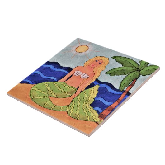 Mermaid und Palm Tree Abstrakte digitale Malerei Fliese (Seite)