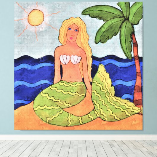 Mermaid und Palm Tree Abstrakte digitale Malerei Leinwanddruck (Insitu (Holzboden))