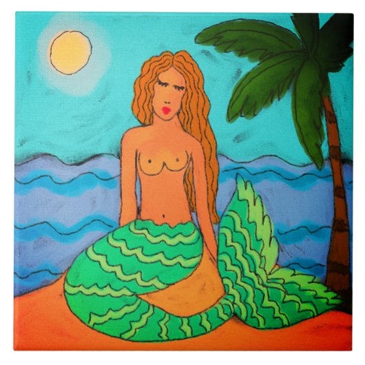 Mermaid und Palm Tree Abstrakte Kunst Fliese (Vorderseite)