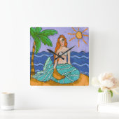 Mermaid und Palm Tree Abstrakte Kunst Quadratische Wanduhr (Zuhause)
