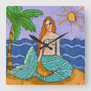 Mermaid und Palm Tree Abstrakte Kunst Quadratische Wanduhr