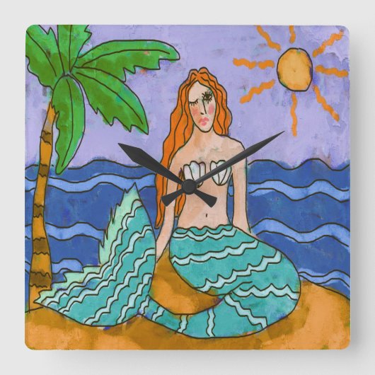 Mermaid und Palm Tree Abstrakte Kunst Quadratische Wanduhr (Vorderseite)
