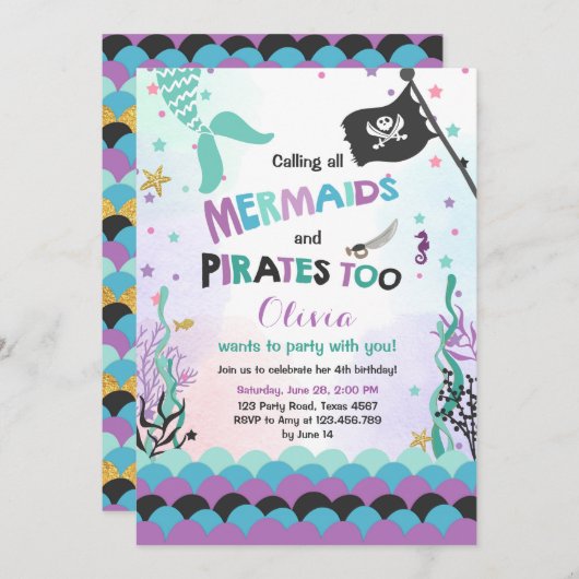 Mermaid und Pirate - Einladung zum Geburtstag Lila (Vorne/Hinten)