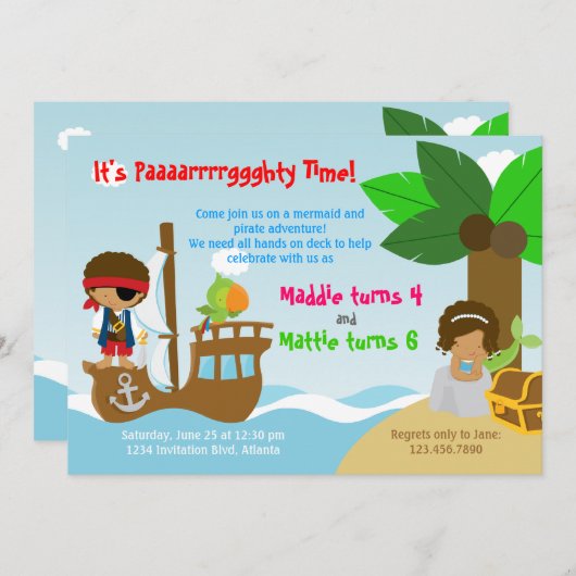 Mermaid und Pirate Twins Joint Birthday Party Einladung (Vorne/Hinten)