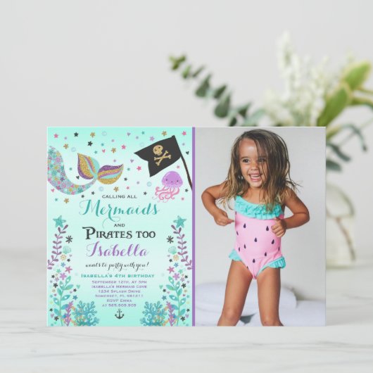 Mermaid und Pirate zum Geburtstag Einladung (Stehend Vorderseite)