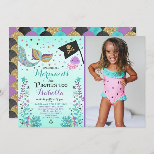Mermaid und Pirate zum Geburtstag Einladung (Vorne/Hinten)