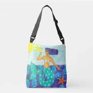 Mermaid und Starfish Abstrakt Art Beach Bag Tragetaschen Mit Langen Trägern