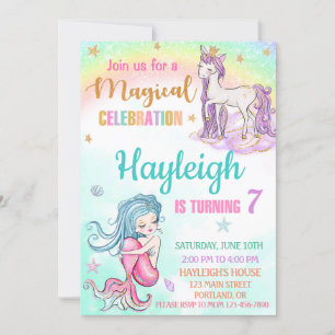 Mermaid und Unicorn Einladung zum Geburtstag Girl