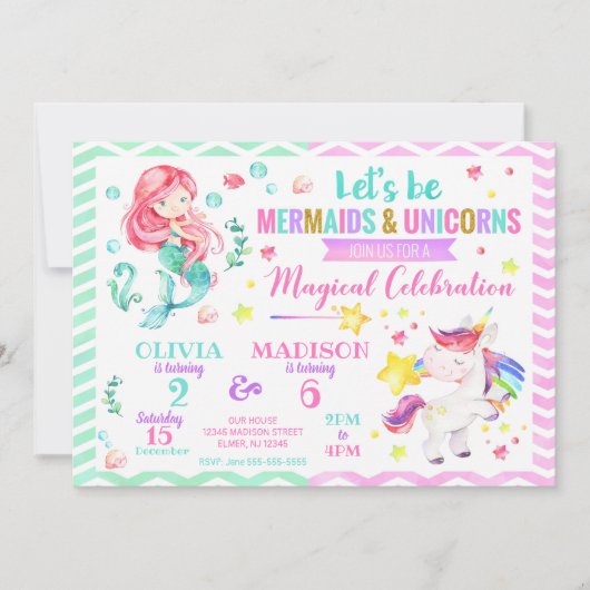 Mermaid und Unicorn Joint Birthday Einladung (Vorderseite)