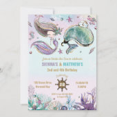 Mermaid und Whale Pirate Twins Joint Birthday Pool Einladung (Vorderseite)