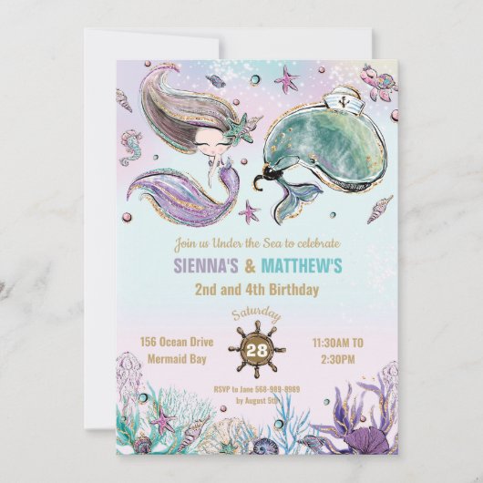 Mermaid und Whale Pirate Twins Joint Birthday Pool Einladung (Vorderseite)