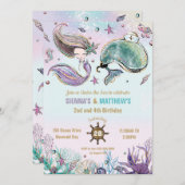 Mermaid und Whale Pirate Twins Joint Birthday Pool Einladung (Vorne/Hinten)