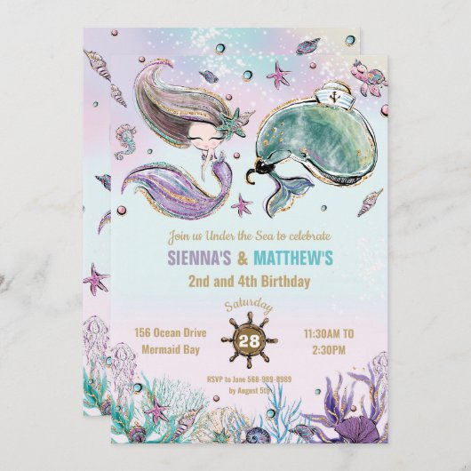 Mermaid und Whale Pirate Twins Joint Birthday Pool Einladung (Vorne/Hinten)