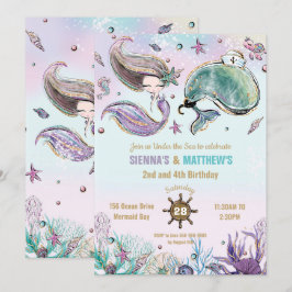 Mermaid und Whale Pirate Twins Joint Birthday Pool Einladung