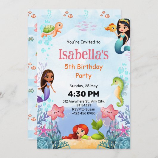 Mermaid Under Sea 5th Birthday Party Einladung (Vorne/Hinten)
