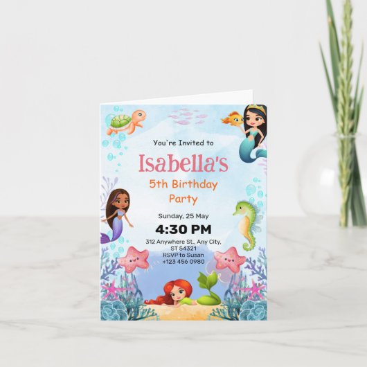 Mermaid Under Sea 5th Birthday Party Faltcard Einladung (Vorderseite)
