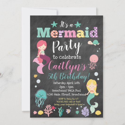 Mermaid Under Sea Birthday Party - Chalkboard Einladung (Vorderseite)