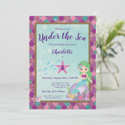 Mermaid Under The Sea Birthday Einladung (Stehend Vorderseite)