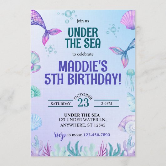 Mermaid Under the Sea Birthday Invitation Einladung (Vorderseite)