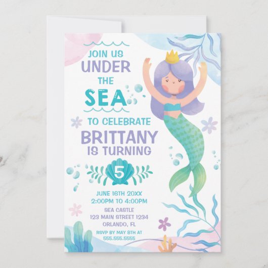 Mermaid Under the Sea cute birthday invitation Einladung (Vorderseite)