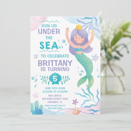 Mermaid Under the Sea cute birthday invitation Einladung (Stehend Vorderseite)