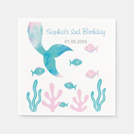 Mermaid Under the Sea Pastel Pink Blue Birthday  Serviette (Vorderseite)