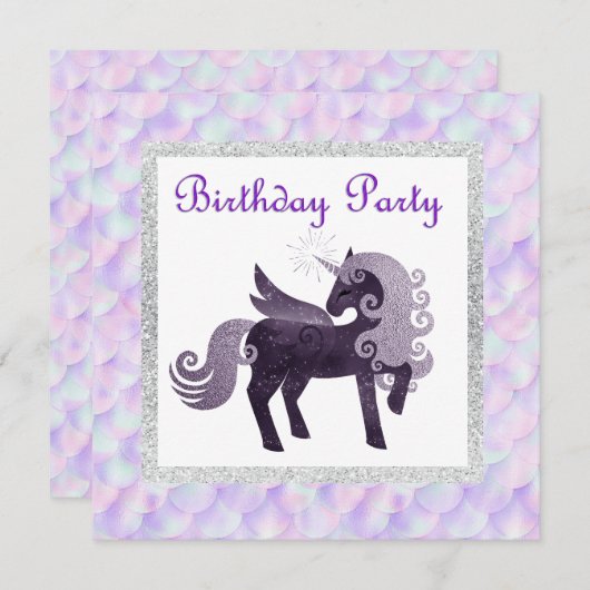 Mermaid unicorn BIRTHDAY PARTY EINLADUNG LILA (Vorne/Hinten)