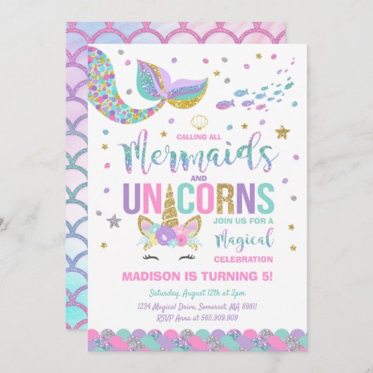 Mermaid & Unicorn Geburtstag Einladung Magisches P (Vorne/Hinten)