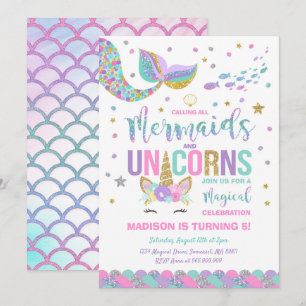 Mermaid & Unicorn Geburtstag Einladung Magisches P