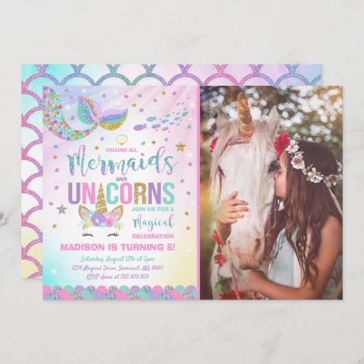 Mermaid & Unicorn Geburtstag Einladung Magisches P (Vorne/Hinten)