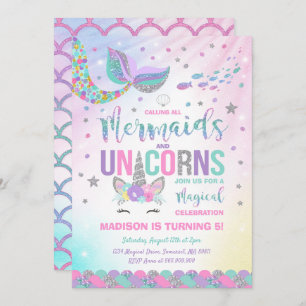 Mermaid & Unicorn Geburtstag Einladung Magisches P