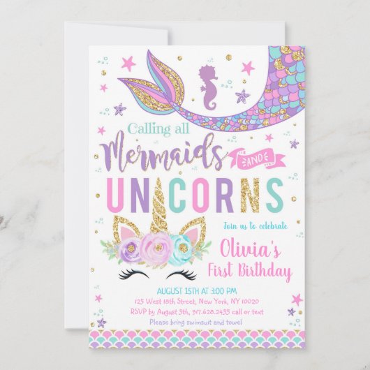 Mermaid Unicorn Girl Birthday Invitation Einladung (Vorderseite)