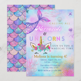 Mermaid & Unicorn Gold Glitzer laden 4 Girl/Zwilli Einladung